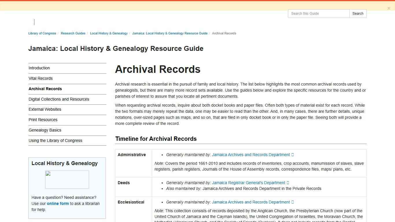 Archival Records - Jamaica: Local History & Genealogy Resource Guide - Research Guides at Library of Congress