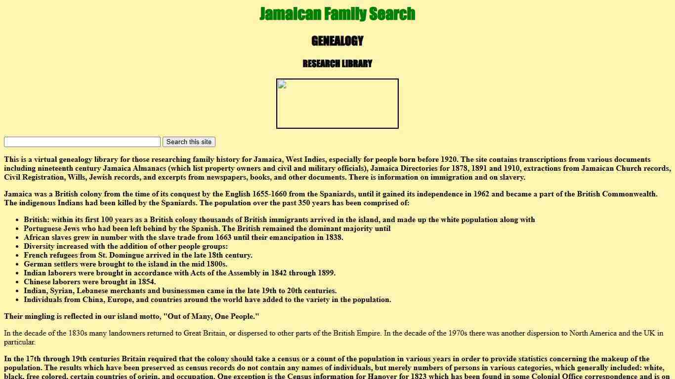 Jamaican Family Search Genealogy Research Library- home page
